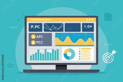 Vector dashboard displaying paid media campaign metrics, ad impressions, clicks, conversions, and performance data.
