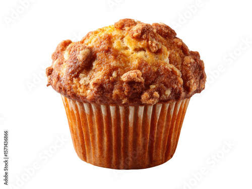 Golden brown muffin with crumbly topping and fluted paper liner baked pastry, Isolated, Transparent Png