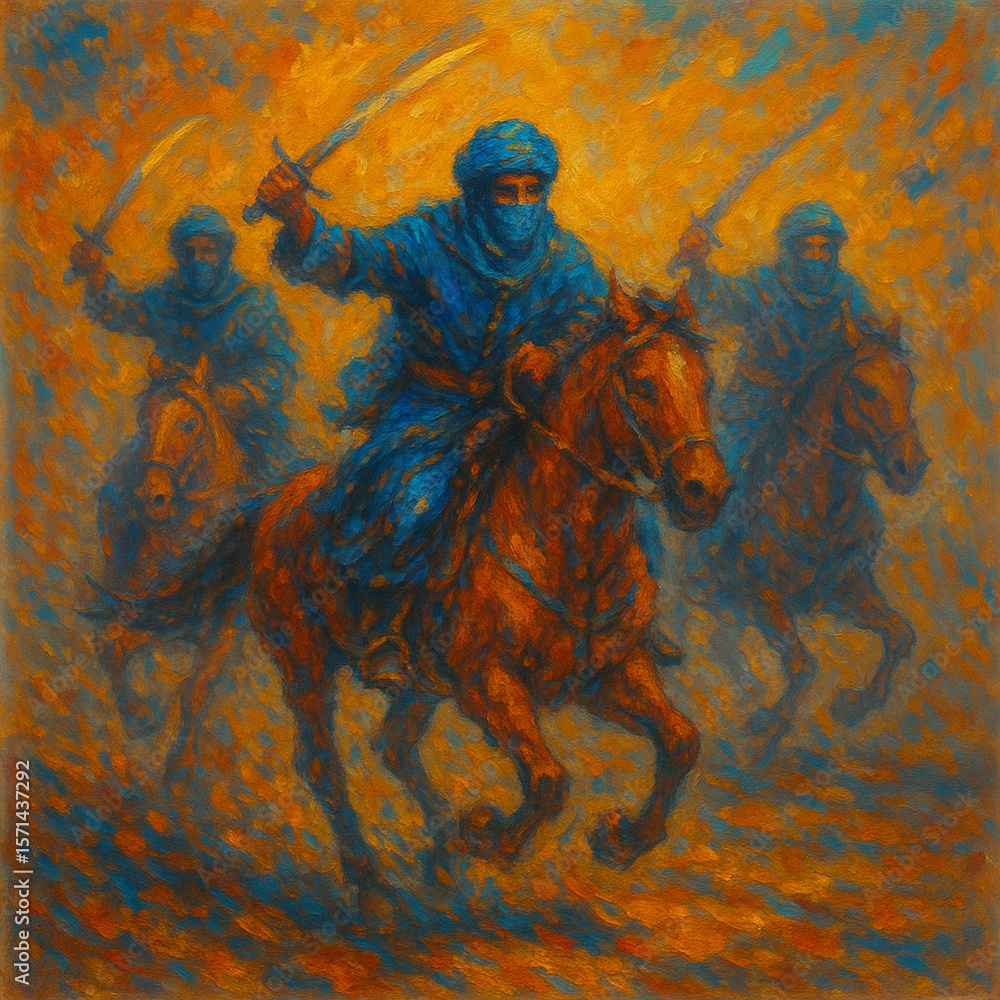 Naklejka premium Charge of the Muslim Horse Warriors – Abstract Battle Painting