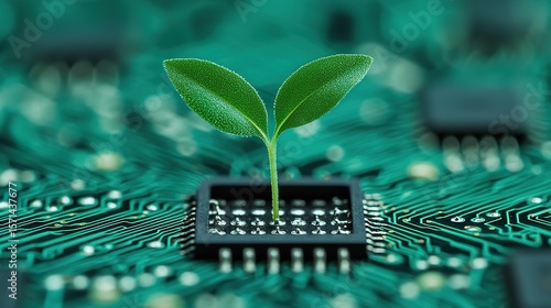 Macro photography of a tiny seedling emerging from a digital circuit board, tech investment, green growth