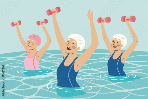 Vector illustration of serene elderly people exercising together in a water aerobics class.