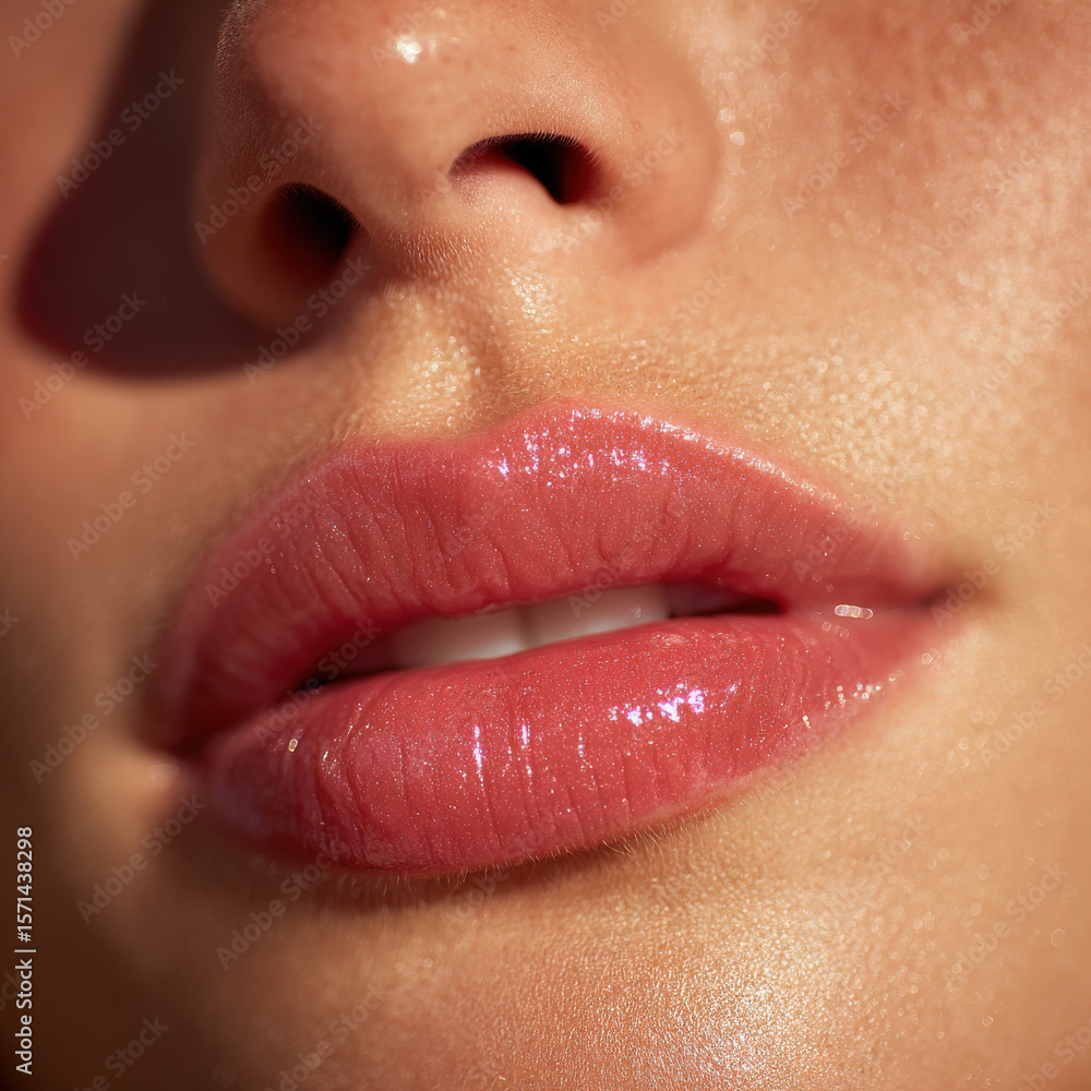 Obraz premium Glossy, youthful lips glisten in sunlight, showcasing clear lip gloss that enhances their natural beauty. close up captures smooth texture and radiant shine, evoking sense of freshness and allure