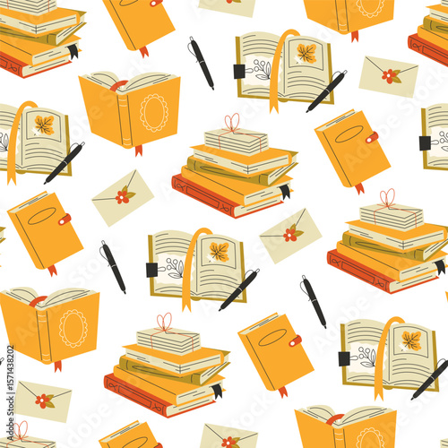 Seamless flat autumn pattern with books in yellow and orange tones on white background