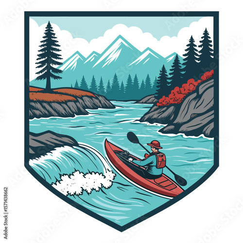 A retro-style badge featuring a kayaker navigating wild river rapids.