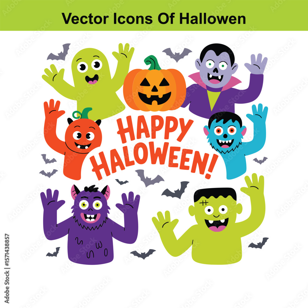 Obraz premium Happy halloween greeting with cute monsters and pumpkin vector icons