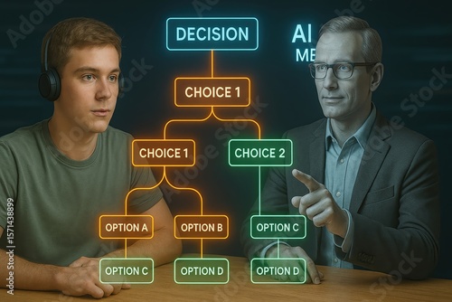 A man contemplates decision-making with AI assistance and choice options displayed.