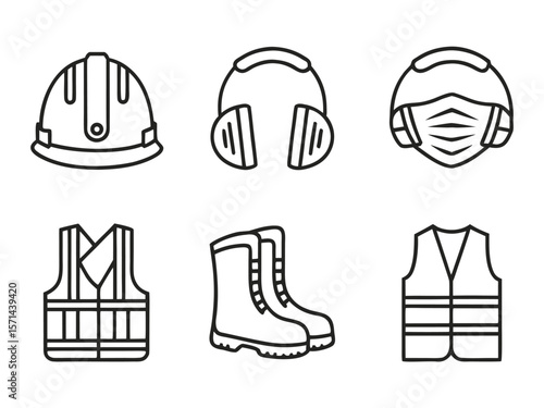 Protective gear icons including helmet headphones mask boots and vests safety equipment