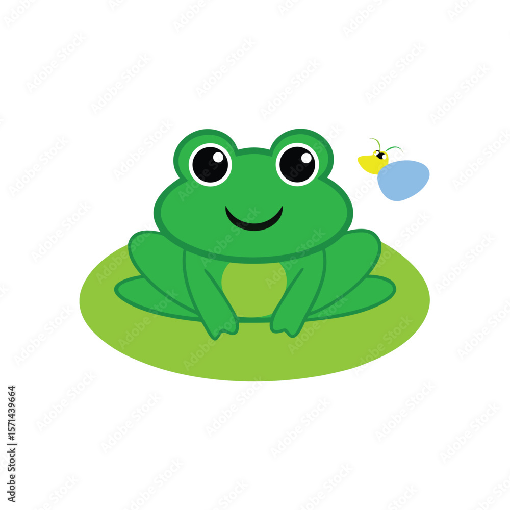Happy frog sitting on a lily pad with a fly cartoon illustration Happy frog sitting on a lily pad with a fly cartoon illustration