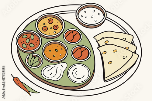 Illustration of indian thali with various dishes served on a plate with flatbreads and a chili