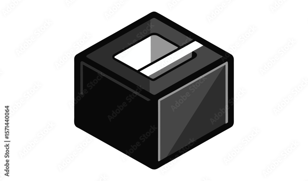 Stylized isometric illustration of a black cube with a white slot on top Stylized isometric illustration of a black cube with a white slot on top