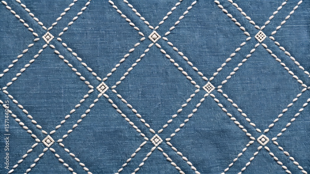Naklejka premium Blue Denim Quilted Diamond Pattern with White Stitching Background