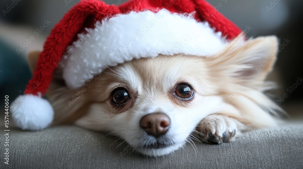 Cute pomeranian dog in santa hat relaxing indoors during christmas Cute pomeranian dog in santa hat relaxing indoors during christmas
