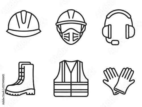 Safety gear icons including hard hat boots vest headphones and gloves vector