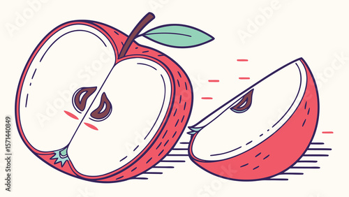 A halved apple with a slice beside it showing the seeds and a leaf attached to the main apple