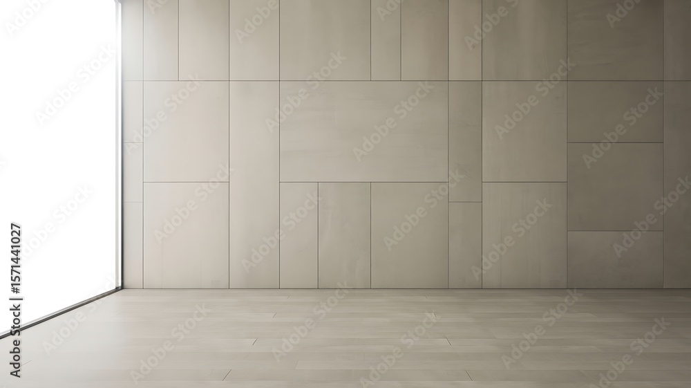 Minimalist interior with large window and paneled wall empty room Minimalist interior with large window and paneled wall empty room