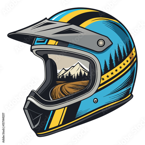 A classic motocross helmet features a clear, scenic landscape reflection on its visor.