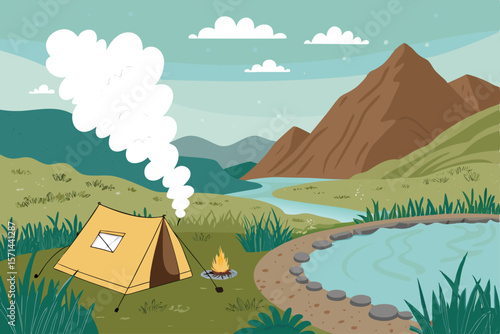 Create a serene vector illustration of a canvas tent nestled beside a steaming hot spring in a mountainous landscape, bathed in soft morning light.