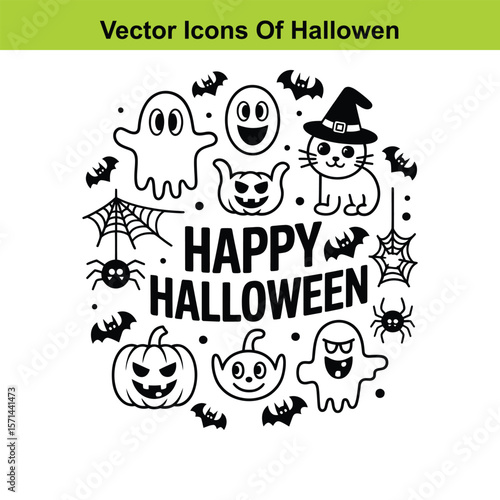 Happy halloween vector icons featuring ghosts pumpkins bats spiders and a witch cat