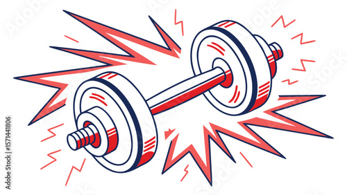 Illustration of a red and blue dumbbell with explosive energy lines around it on a white background