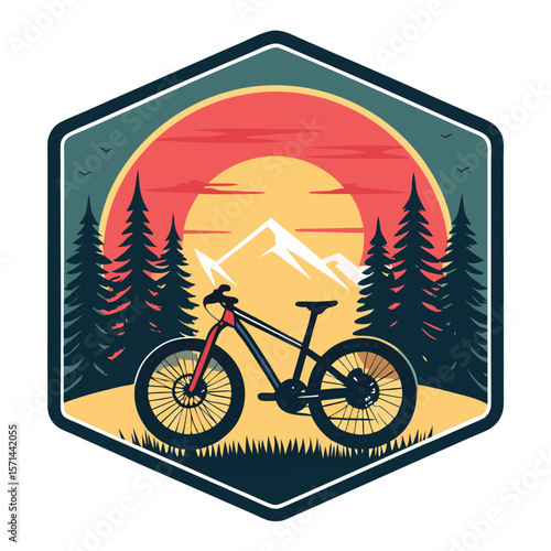 Retro badge featuring a trail bike silhouette against a vibrant sunset, incorporating a stylized pin.