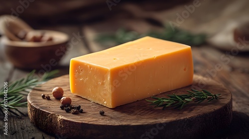 A block of vibrant orange cheddar cheese rests elegantly on a rustic wooden board, complemented by sprigs of rosemary and scattered peppercorns and hazelnuts nearby.