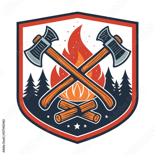 A stylized, retro-inspired badge featuring a burning campfire and crossed axes.