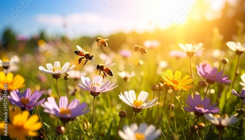 Spring flowers and honeybee – a vivid moment in nature/春の花とミツバチ – 命の輝きを感じる自然の瞬間