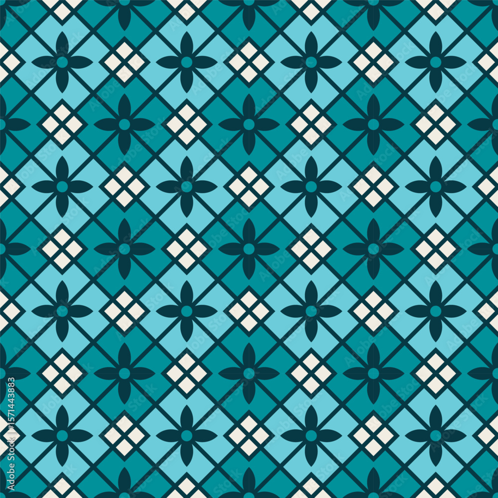 Fototapeta premium Geometric Floral Square Pattern with Dark Teal and Turquoise Color Palette Seamless Background