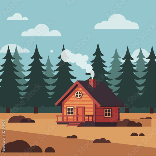 Cozy cabin nestled in forest under summer sky with smoke coming from chimney. Cabin retreat offers peace and fresh air in this idyllic location under serene summer sky.
