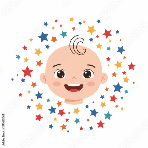 Charming baby face illustration surrounded by colorful stars, symbolizing joy and wonder, cute baby face with a sweet smile, embodying the innocence of childhood. Baby face,