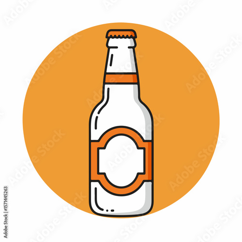 Illustrated image of beer bottle against an orange background, showing product effects and a simple visual style.