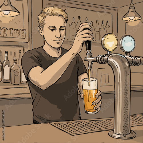 Beer tap filling glass with golden beer in bar, illustration. Filling glass is skillful art of bartender, pouring beer at bar is an illustration that shows professional at work, mixing drinks,