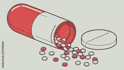 Illustration of a spilled capsule with red and white pills and a single round tablet nearby