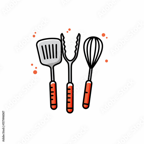Illustration displays kitchen utensils, including spatula, tongs, and whisk, against plain backdrop. Kitchen utensils offer essential equipment for culinary activities, food preparation,