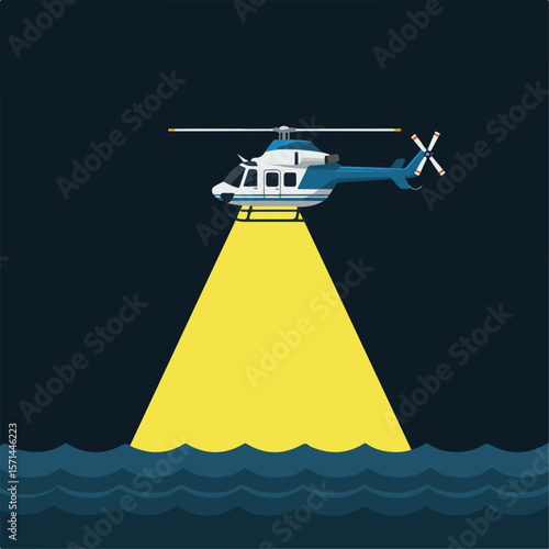 Helicopter searching for something over sea is perfect for visual effects work. Helicopter with spotlight on water is ready for visual effects, providing many possibilities to add or adjust details.
