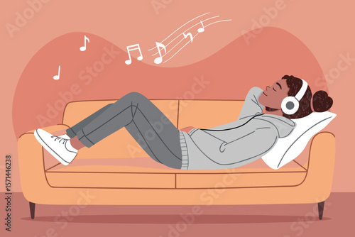 Vector art person sleeps on couch, headphones on. Relaxed pose, music notes floating, cozy atmosphere.