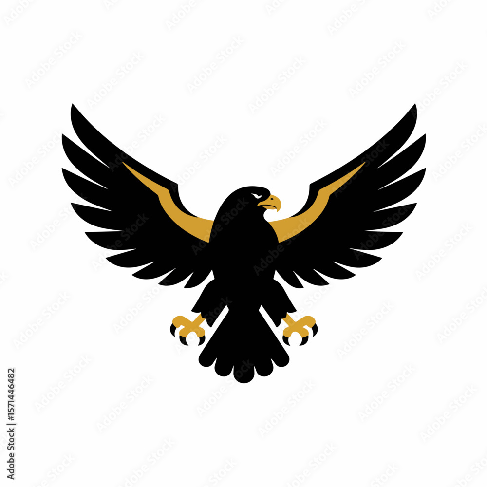 Obraz premium Image effects in sleek design depicting an eagle with spread wings on clean backdrop. Image effects offer golden accents, highlighting silhouette of majestic bird, conveying power.