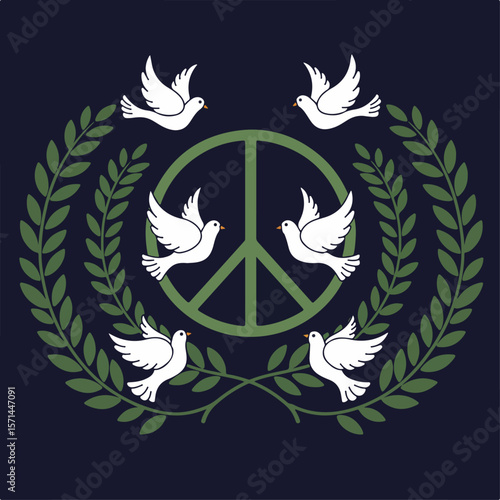 Peace symbol surrounded by doves and olive branches reflecting image fx, a digitally rendered effect, for peaceful messaging. A digital peace symbol, a universal emblem,