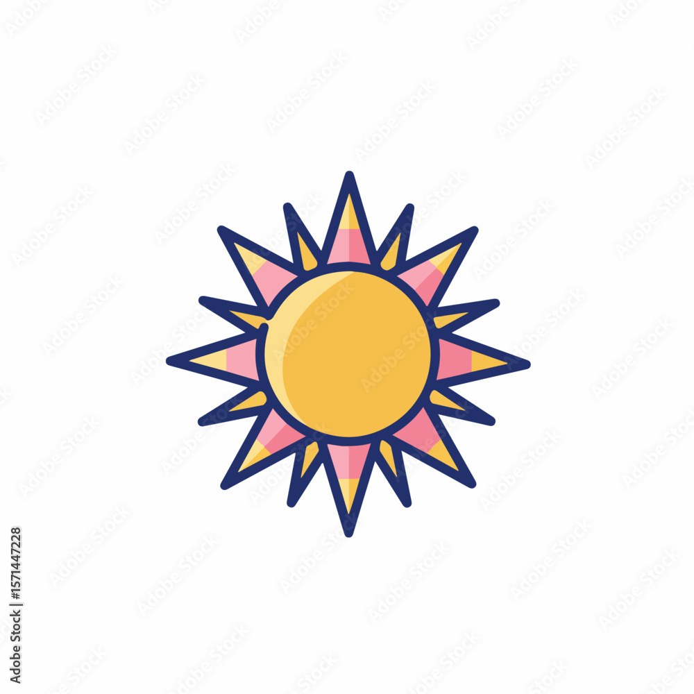 Naklejka premium Bright sun graphic on white, cute star shape with pointy rays. Sun graphic in yellow, pink and blue colors is an image effect. Colorful sun graphic with sharp edges is perfect for summer marketing.