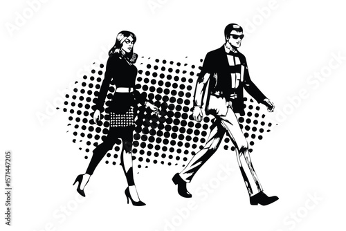 Fashion Couple in Retro Pop Art Style. Vintage 1960s Comic Book Vector Illustration with Halftone Shading