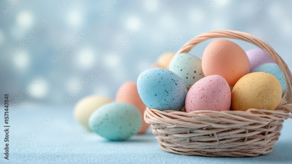 Delicate pastel colored Easter eggs arranged in a rustic wicker basket surrounded by enchanting bokeh lights creating a whimsical festive atmosphere Delicate pastel colored Easter eggs arranged in a rustic wicker basket surrounded by enchanting bokeh lights creating a whimsical festive atmosphere