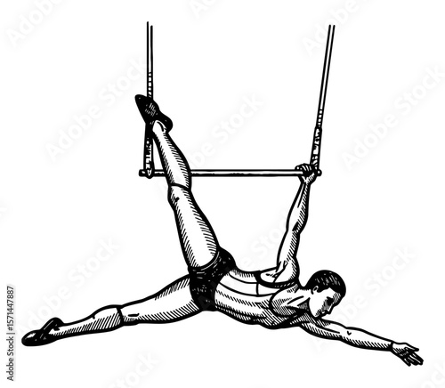 Dynamic Circus Acrobat Hanging Upside Down on Trapeze Performance Black and White Outline Line Art Drawing