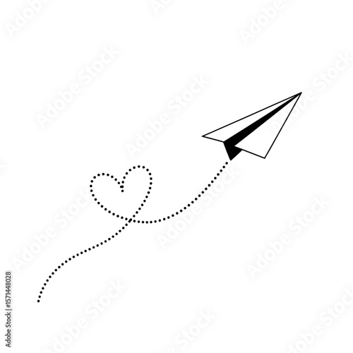 A paper airplane flies leaving a dotted heart trail on white