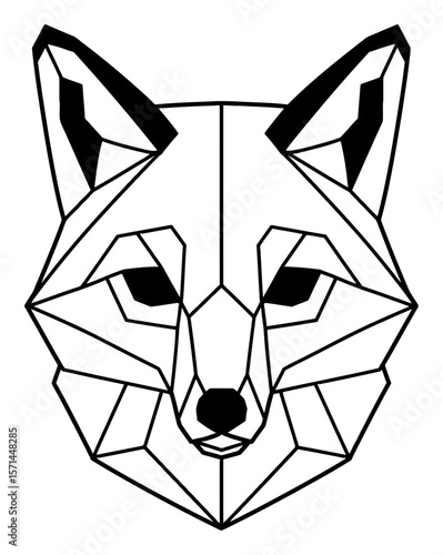 Simple Geometric Paper Origami Fox Head Animal Minimalist Front View Black and White Outline Line Art Drawing