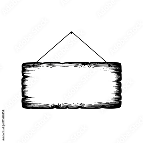 A blank wooden sign hangs from a rope, isolated on white background