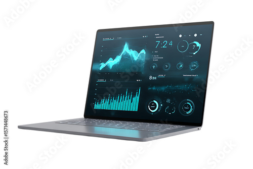Laptop screen displaying financial data charts.