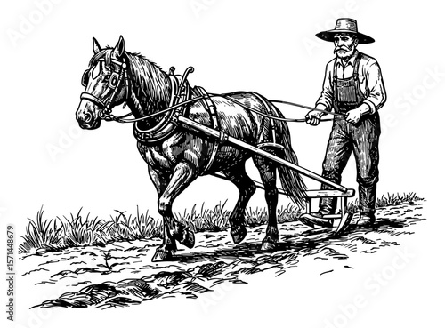 Farmer Plowing Field with Horse in Traditional Black and White Outline Line Art Drawing Cartoon Style Illustration