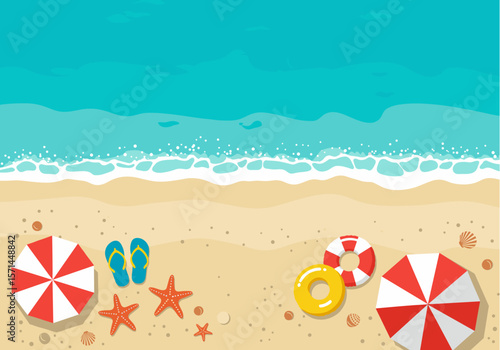 A vibrant summer beach scene with colorful umbrellas, flip-flops, starfish, and inflatable rings on golden sand beside turquoise ocean waves.