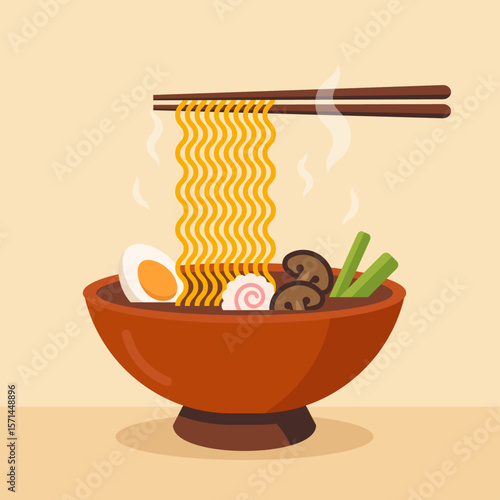 Chopsticks holding asian noodles, windy Japanese tonkotsu ramen. Bowl of yummy ramen soup with mushroom, narutomaki (fish cake with a pink swirl), green onion, boiled egg. Vector illustration