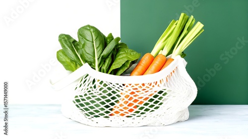 Fresh Organic Carrots Spinach and Green Onions in a Reusable Mesh Produce Bag